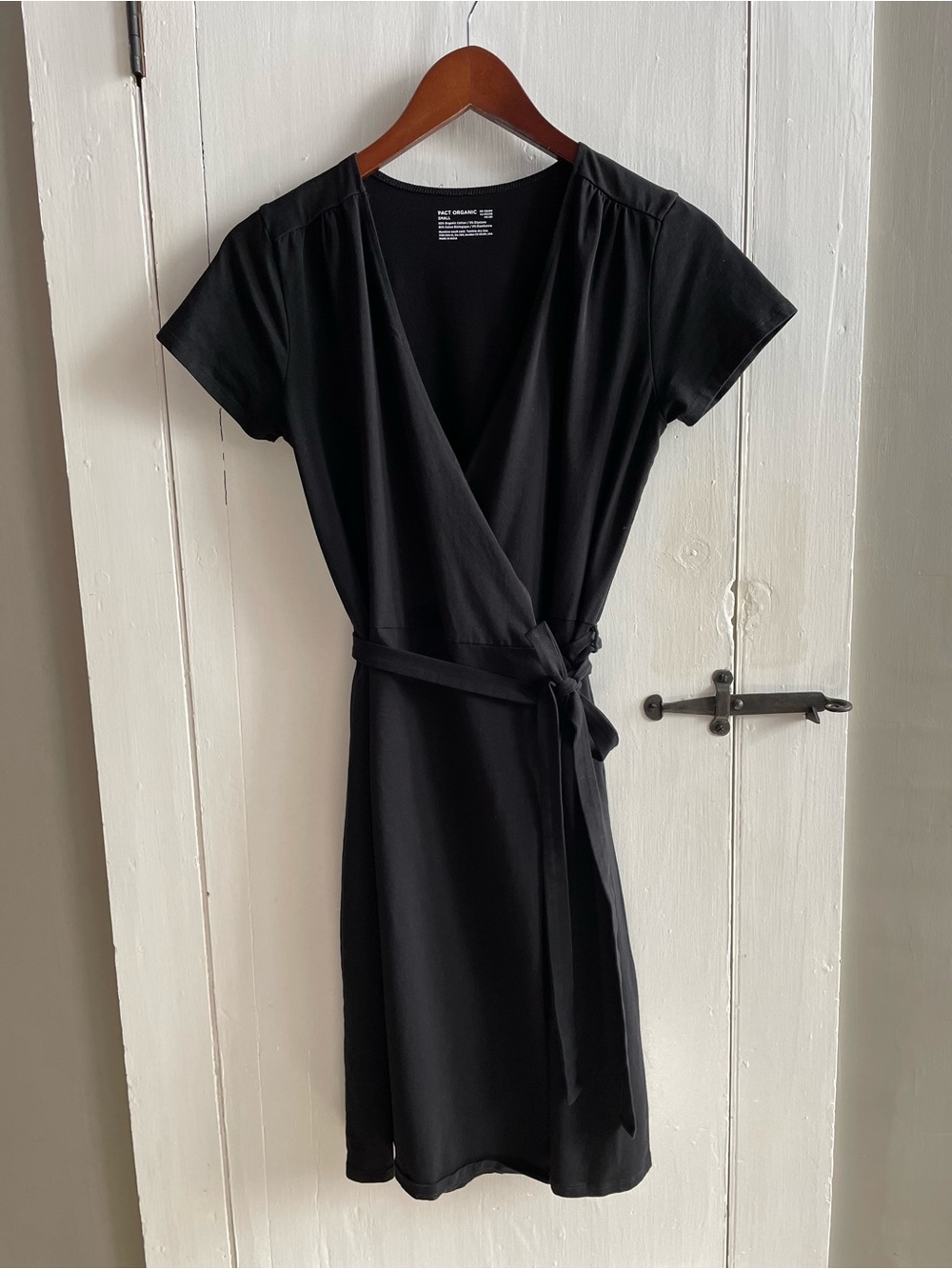 Pact Women's Organic Fit & Flare Black Wrap Midi Dress with Tie Waist Size Small